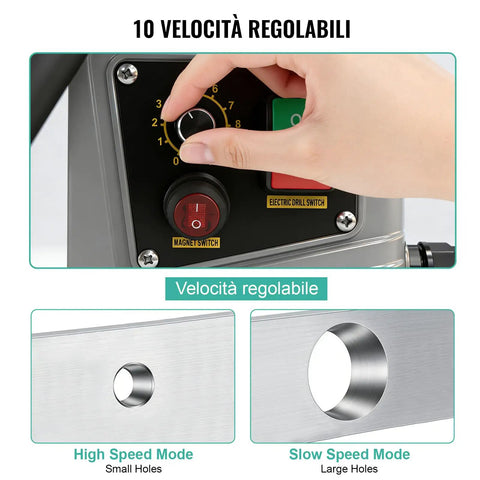 Portable Magnetic Drill Press With 2923 Lbs Electromagnetic Base showing speed control dial for variable speed motor.