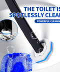 Disposable Toilet Brush With Holder And Extended Magic Wand Handle cleaning toilet bowl with soapy solution and bubbles