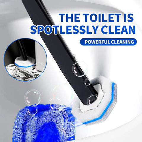 Disposable Toilet Brush With Holder And Extended Magic Wand Handle cleaning toilet bowl with soapy solution and bubbles