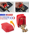 Smart Copper Battery Clamps With Quick Release No Fuss On Off For A Secure Connection Water And Dust Resistant Car Battery Clamps Universal Fit Durable Car Accessories Easy Install shown in use and close-up