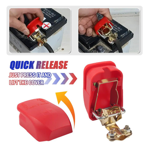 Smart Copper Battery Clamps With Quick Release No Fuss On Off For A Secure Connection Water And Dust Resistant Car Battery Clamps Universal Fit Durable Car Accessories Easy Install shown in use and close-up
