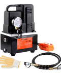 Front view of Electric Hydraulic Pump Power Pack Single Acting 110V 120V 10000 PSI Two Stage Unit with accessories visible.