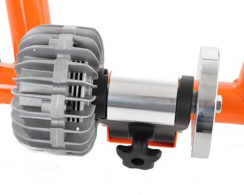Close-up of the Orange Fluid Bike Trainer Pro Indoor Bicycle Training Stand For Serious Rides with quiet fluid resistance unit.