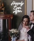 Happily Ever After Neon Sign White Led Neon Light for Wedding Bridal Shower Usb Powered Light Up Sign beside couple