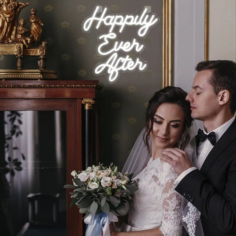 Happily Ever After Neon Sign White Led Neon Light for Wedding Bridal Shower Usb Powered Light Up Sign beside couple