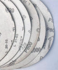 Ten Pack 8 Inch Sanding Discs Hook And Loop Adhesive Machine Paper Aluminum Oxide Grits 80 120 240 displayed in a stack.