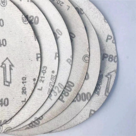 Ten Pack 8 Inch Sanding Discs Hook And Loop Adhesive Machine Paper Aluminum Oxide Grits 80 120 240 displayed in a stack.