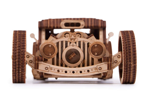 Hot Rod 3D Wooden Puzzle Car Kit for Adults No Glue Needed 280 Pieces Natural Wood Model front view