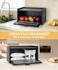 Image of Stackable Pine Wood Bread Box For Kitchen Countertop With Magnetic Acrylic Door Large Black Keeps Bread Fresh For Days And Soft Old School Vibe For Sourdough Pastries And Snacks Vintage Style Storage Organizer in kitchen setting.