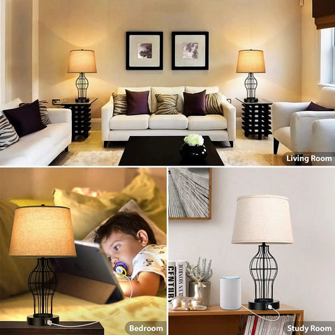 Set Of 2 Touch Control Table Lamps With USB Ports And 3 Way Dimmable Bedside Lights displayed in living room, bedroom, study room.