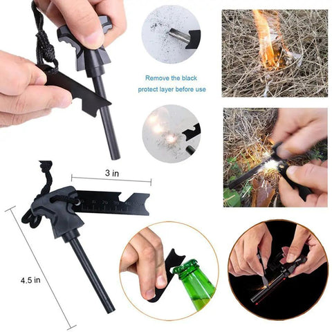 All In One 13 In 1 Survival Kit with outdoor gear essentials like fire starter shown in use with measurements and usage examples.