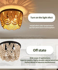 Boho Wood Beaded Chandelier Three Light Flush Mount Ceiling Fixture With Engraved Pattern Oil Rubbed Bronze Farmhouse Style