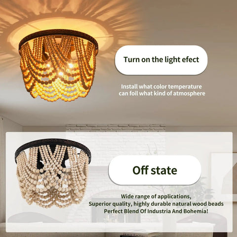 Boho Wood Beaded Chandelier Three Light Flush Mount Ceiling Fixture With Engraved Pattern Oil Rubbed Bronze Farmhouse Style