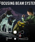 Woman using Beastly Bright 4000 Lumen USB C Rechargeable LED Flashlight With Slide Focus and Pure Beam Optic outdoors with dogs.