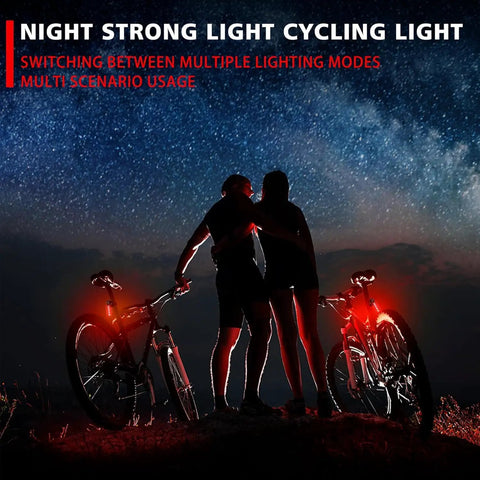 Two cyclists under starry sky with bike tail lights glowing bright red, illustrating Bike Tail Light For Night Rides USB Rechargeable Waterproof Red LED Safety Light With Wide Beam And Multiple Modes That Fits Most Seat Posts And Stays On In Any Weather For Safer Night Commutes