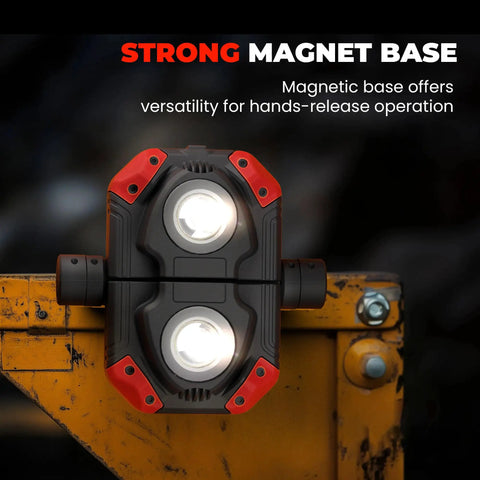 Rechargeable LED Work Light With Dual COB Panels, 2500 Lumens on metal with magnetic base, ideal for hands-free operation.