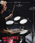Electric Drum Set With Kick Tower And Mesh Pads Jam Ready 8 Inch Tower Kick Drum 10 Inch Dual Zone Snare in use by a drummer