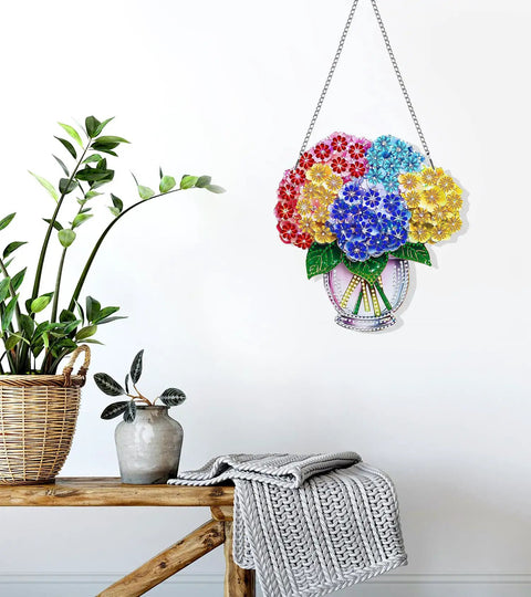 Dope Diamond Painting Kit Hanging Pendant Vase Sun Catcher For Front Door Sign with colorful flower design, 8x8 inch