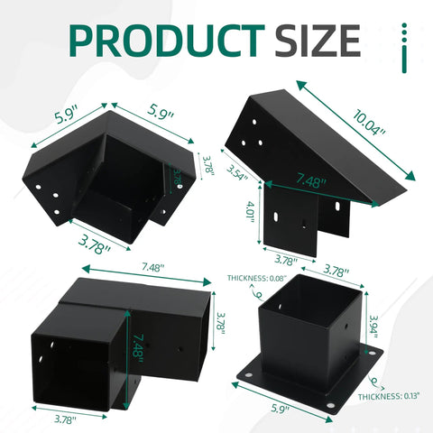 14 Piece 30 Degree Slanted Pergola Bracket Kit For 4x4 Wood Posts, DIY Roof Brackets dimensions and thickness details