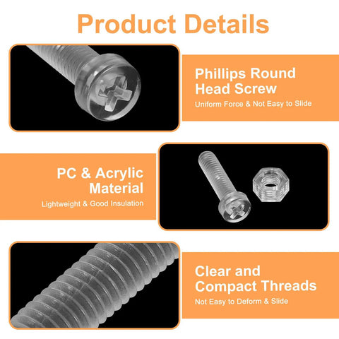 Clear Acrylic Screws Kit 10 Piece Set M4 X 18mm Round Head Phillips Bolts With Hex Nuts product details