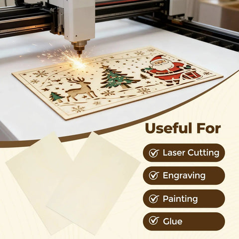 Basswood Sheets 12 By 24 By One Eighth Inch For Laser Cutting And Engraving For DIYers And Hobbyists 3mm Wood Blanks For Architectural Models Smooth Flat Sanded Wood For Laser Engravers Precise Uniform Thickness Reducing Waste shown with laser engraver cutting festive design