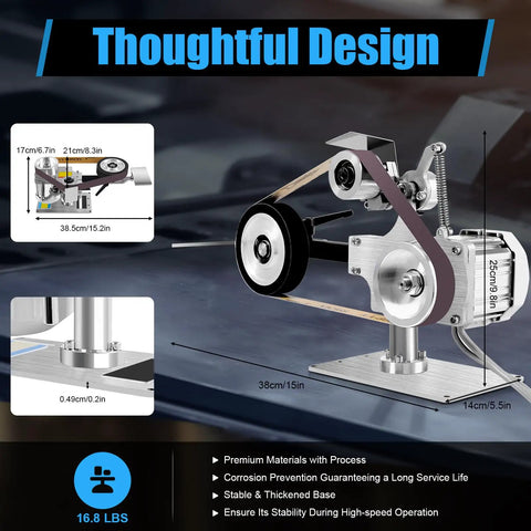 Slick Compact Desktop Belt Sander And Knife Sharpening Rig Packing A Beefy 550W Brushless Motor, 16.8 lbs, showing thoughtful design with stability features.