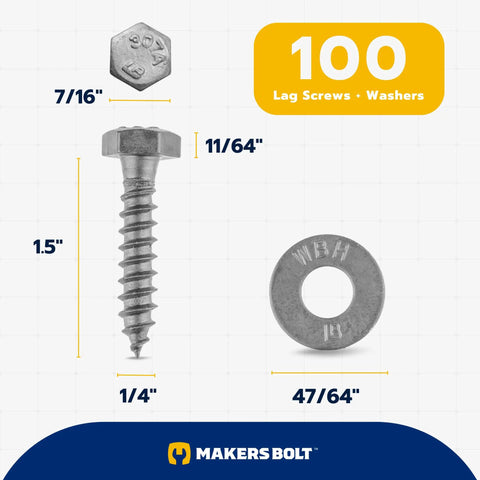 Heavy Duty Lag Screw Kit Quarter Inch By One And One Half Inch Lag Screws With One Hundred Flat Washers Hot Dip Galvanized