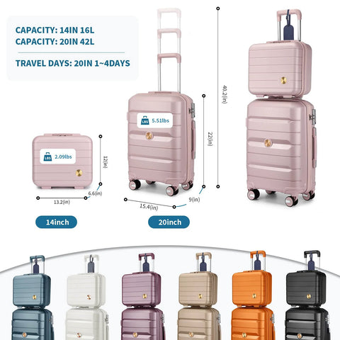 Front view: Somago 2-piece nude pink luggage set, 20in carry-on and 14in cosmetic case, hardside polypropylene with spinner wheels