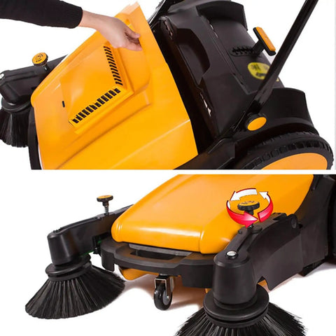 Heavy Duty Manual Floor Sweeper With Foldable Handle And 12 Gallon Waste Container For Commercial Use. This Motorless Machine Covers 38,000 Square Feet Per Hour Providing A Quiet, Efficient Cleaning Solution For Any Space Without Needing Electricity Or