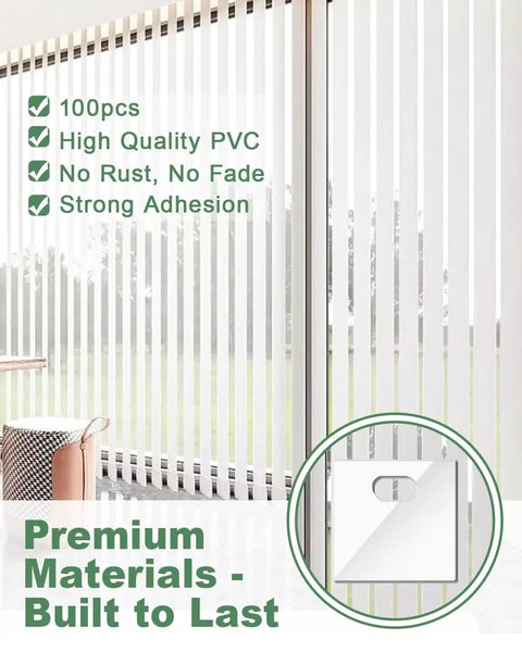 Vertical Blinds Slats Repair Kit with Transparent PVC Tabs and Strong Adhesive No Tools Needed Easy Fix for Home Office Rentals Durable Diy Window Blind Repair Solution That Sticks Firmly kit shown in packaging.