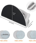 Drywall Corner Sander Kit With Semi Circular Inside Corner Tool And 15 9 Inch Sanding Discs With Hook And Loop Backing 180 240 320 Grit 16 Piece Set For Smoothing Joints And Tight Edges DIY Friendly shown with dimensions and grit specifications