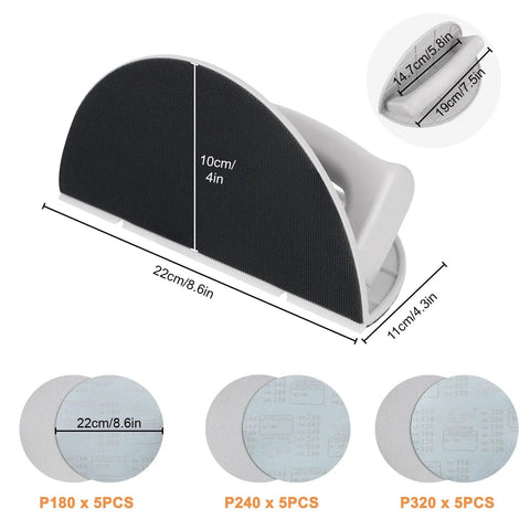 Drywall Corner Sander Kit With Semi Circular Inside Corner Tool And 15 9 Inch Sanding Discs With Hook And Loop Backing 180 240 320 Grit 16 Piece Set For Smoothing Joints And Tight Edges DIY Friendly shown with dimensions and grit specifications