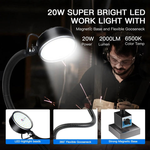 Magnetic LED Work Light 20W with 2000 Lumens, 6500K ultra bright white light, 500mm flexible gooseneck, shown in workshop.