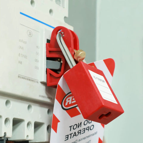 Universal Circuit Breaker Lockout Kit With Quick Lock Design For Single Double And Triple Pole Breakers ISO DIN Safety Compliance Lockout Tagout Set 5 Pack Must Have installed on electrical panel