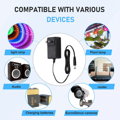 10 Pack 12V DC LED Power Supplies 24W 2A Switching Adapters From 120V AC To 12V DC For LED Strip Lights With 5.5mm By 2.1mm Female Barrel Connectors Great For High Output LED Projects. Compatible with LED strips, plant lamps, routers, batteries, and cameras