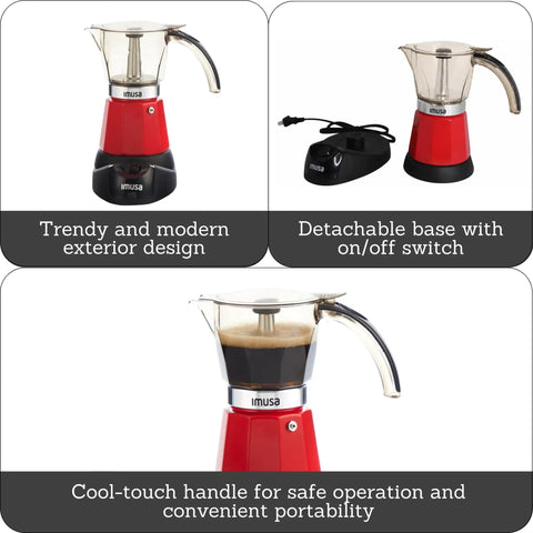 Kickstart Your Day With This Dope Compact Electric Espresso Coffee Maker Featuring A Seriously Cool Touch Handle And Versatile 3 6 Cup Capacity For Quick Perky Shots In Bold Red, showcasing trendy design and detachable base.