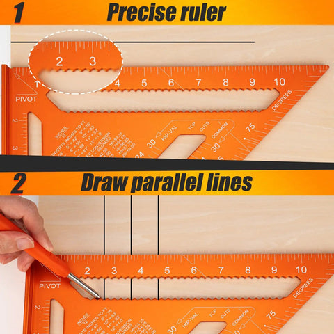 Pro Grade 12 Inch Carpenter Square And Rafter Square With Laser Etched Scale for precise measurements and drawing parallel lines.