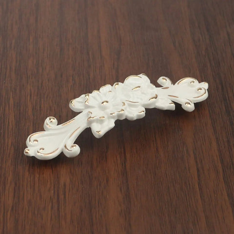 Close-up of Six Piece European Rose Cabinet Pull Handles Set For Dressers Drawers And Closets Dope Vintage Floral Zinc Alloy Pulls 3.78 Inch Center To Center Elegant European Style Hardware For Wardrobe Vanity Nightstand.