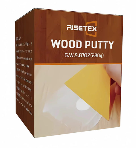 Walnut Wood Filler Putty 9.87 Oz Stainable And Paintable Repair Kit box front view showing putty application.