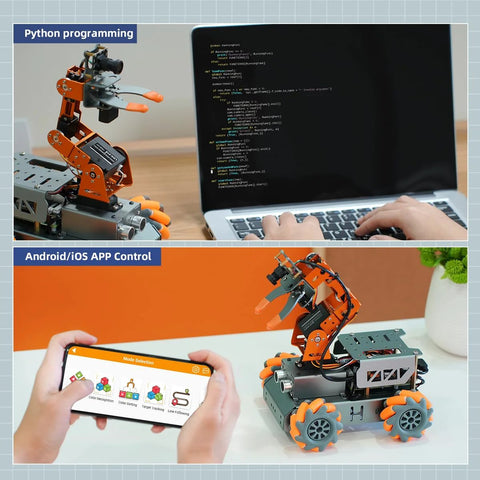 HIWONDER 5DOF AI Vision Robotic Arm kit with orange arms and gray chassis; Android/iOS app control