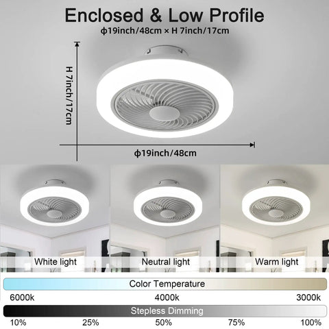 18 Inch Bladeless Ceiling Fan With Light And Remote for Cool Bedroom, showing dimmable LED light and adjustable color temperatures.