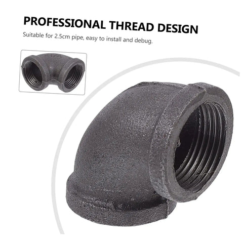 Elbow Iron Pipe Fitting Set, Six Pieces, Three Quarters Inch Industrial Connectors For Plumbing And DIY Projects close-up