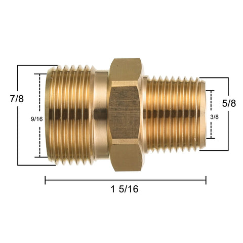 Brass pressure washer adapter, 3/8 in NPT male to M22 14mm male, side view showing central hex and threaded ends.