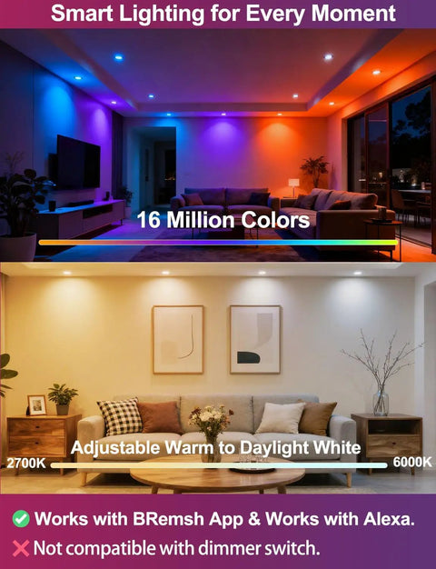 4 Inch RGB LED Recessed Lights Canless With Alexa Voice Control And BRmesh App, multiple colors shown in living space