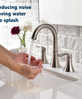 Widespread 8 Inch Bathroom Faucet Set With Two Handles And Swivel Spout, 3 Hole Mount, Brushed Nickel Finish, water running into hands.