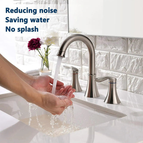 Widespread 8 Inch Bathroom Faucet Set With Two Handles And Swivel Spout, 3 Hole Mount, Brushed Nickel Finish, water running into hands.