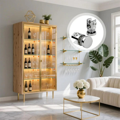 Heavy Duty Metal Glass Clamps Set For Five To Ten Millimeter Panels Rustproof Shelf Brackets in a stylish living room display