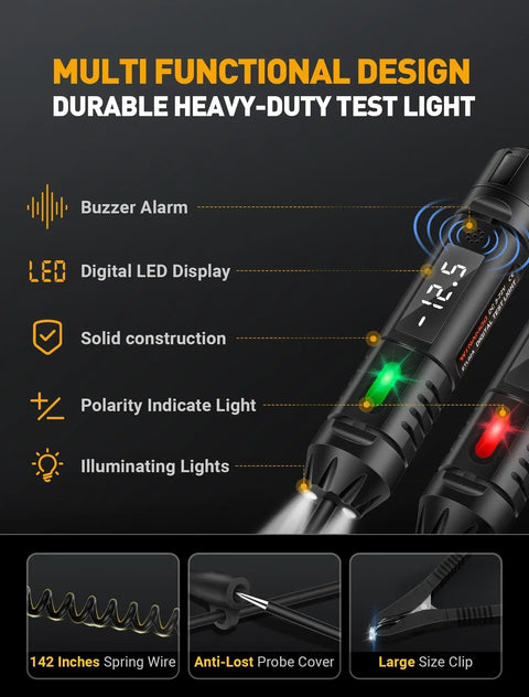 Pro Grade Heavy Duty Circuit Tester With Buzzer And 3 To 72V DC LED Voltmeter Automotive Light Tester With Illumination And Fuse Check Stainless Steel Probe And Safe ABS Body For Quick Electrical Diagnostics, 142-inch spring wire