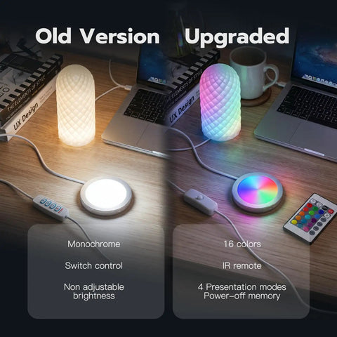 Comparison of Dope 3D Printer LED Lamp Kit 001 with 24 key remote control showing old and upgraded RGB lighting versions