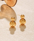 Gold Double Ball Drop Earrings For Women Round Ball Bead Dangle Studs Trendy Jewelry Must Have Hypoallergenic Lightweight Everyday Wear Gift Idea Classic Yet Modern Gold Tone Accessories, front view